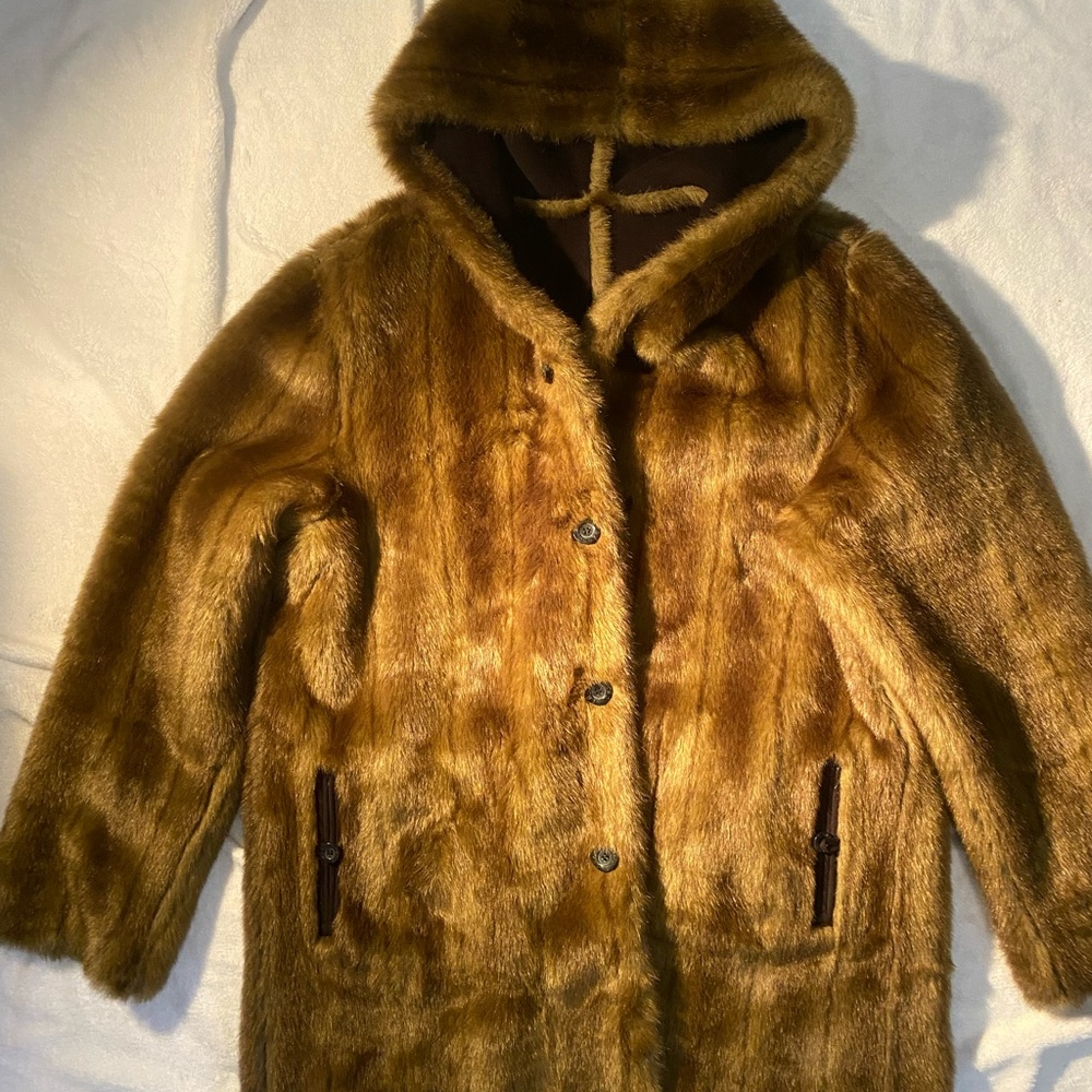 DENNIS BASSO  Faux Fur Hooded Coat in Rich Brown